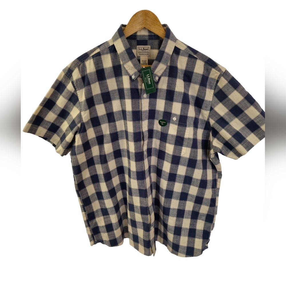 NWT L.L. Bean Men's Vintage Indigo Blue Plaid Short Sleeve  Shirt Size XL